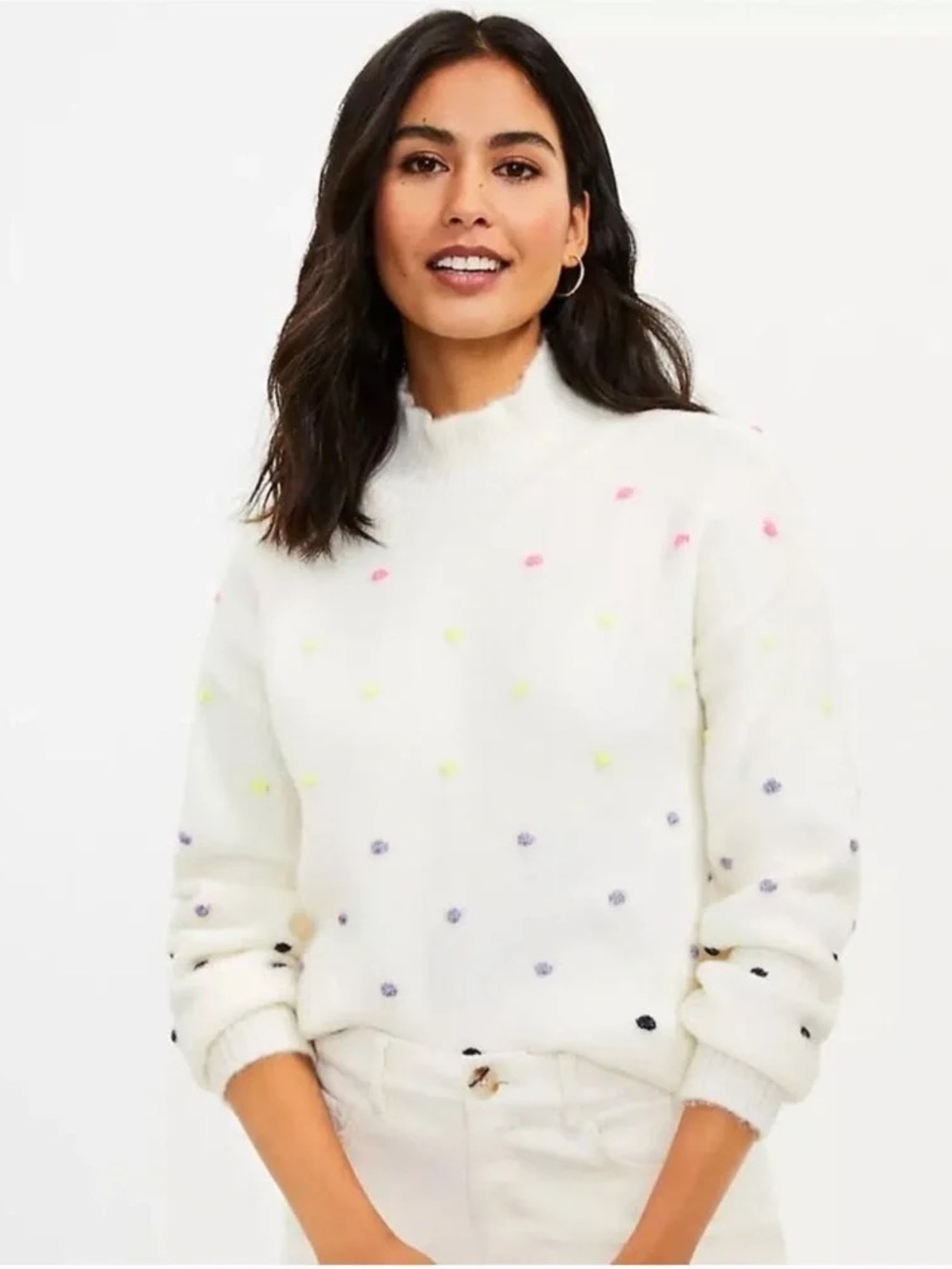 Loft Cream Polka Dot Mock Neck Sweater